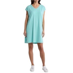 Eileen Fisher V Neck Cap Sleeve Boxy Cotton T Shirt Dress Turquoise Blue Med NWT